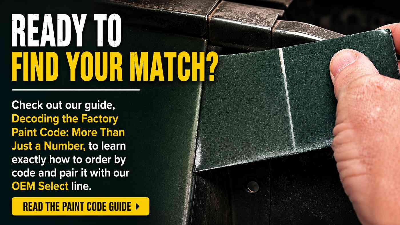 Hand matching a paint sample to a vehicle panel with a guide to decoding factory paint codes and ordering OEM Select paint.
