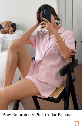 Bow Embroidery Pink Collar Pajama...