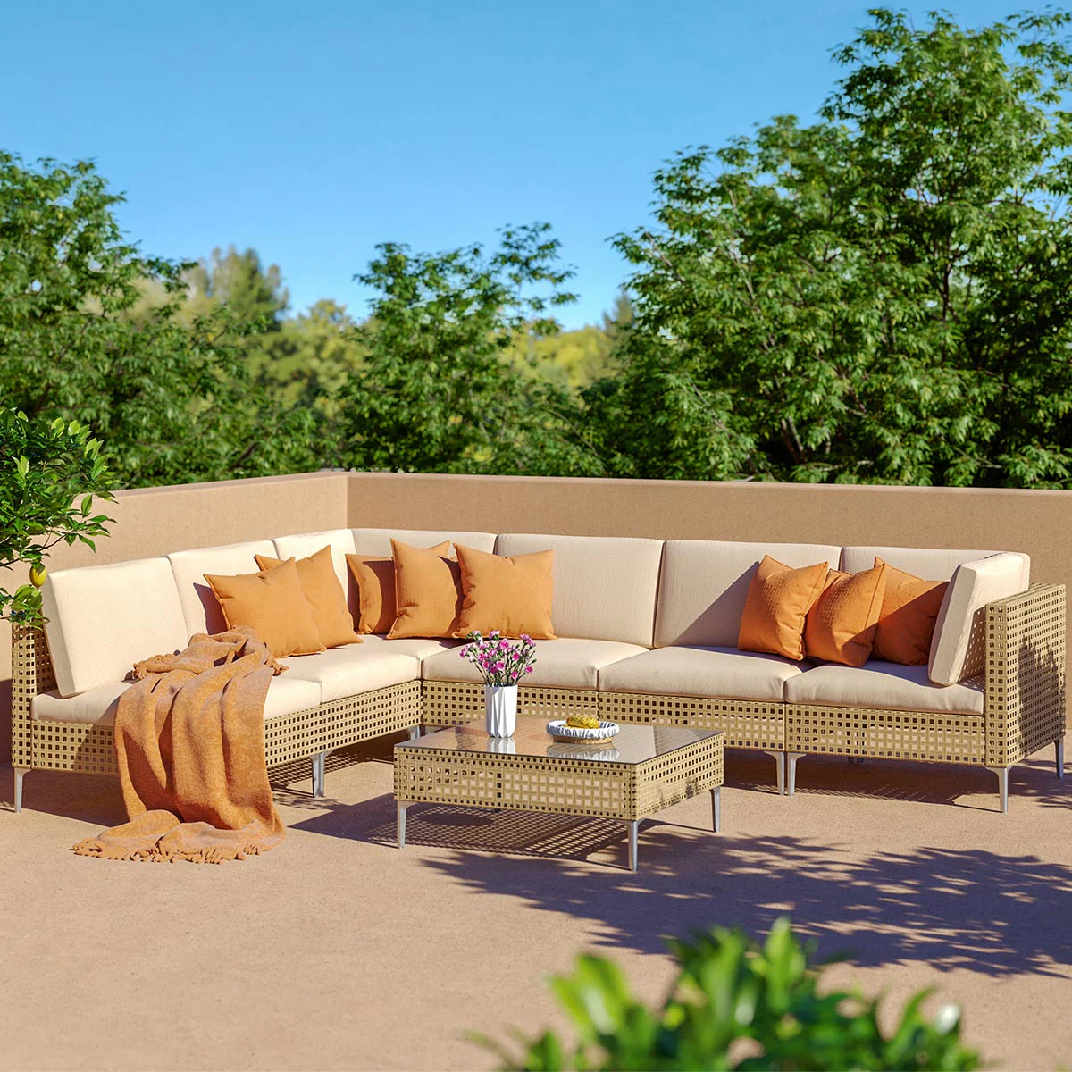 Grand Patio 5-Seat Conversation Sofa Set, Wicker Outdoor Sectional with Thick Beige Cushions