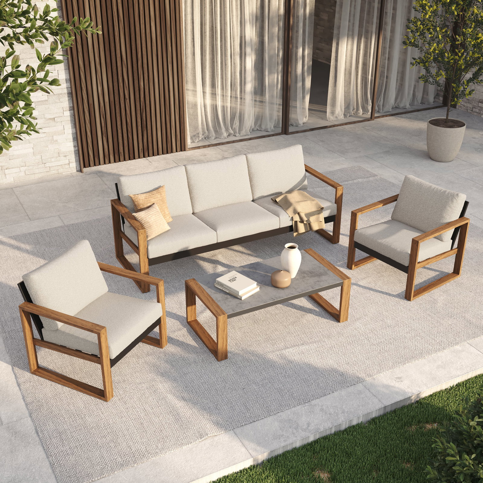 Grand Patio 5-Seat Conversation Sofa Set, All Aluminum Outdoor Furniture with Removable Cushions and Coffee Table