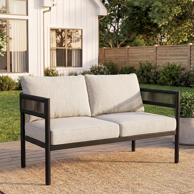 Grand Patio 4-Seat Conversation Sofa Set, All-Weather Wicker Outdoor Loveseat with Thick Cushions for Porch and Garden