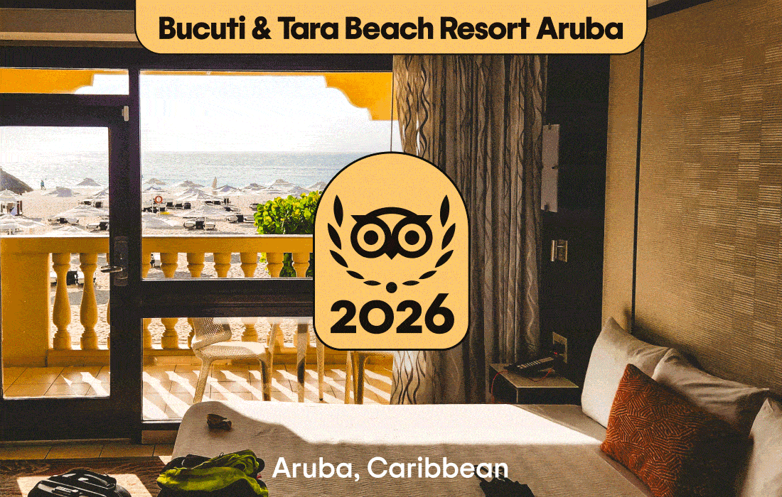 Image Description: A neutral-colour hotel room with a view of the water at Bucuti & Tara Beach Resort Aruba in Aruba, the Caribbean, a pool surrounded by green trees and umbrellas at La Siesta Hoi An Resort & Spa in Hoi An, Vietnam, a hotel room with wood decor at Xela Tulum in Tulum, Mexico, a hotel room with a table with food and drinks at Royal Lancaster London in London, England. A gold 2026 Travellers’ Choice Best of the Best badge is on each image.