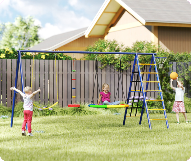 AIYAPLAY 6-in-1 Swing Set Hoop Ladder Net Heavy-Duty Playset