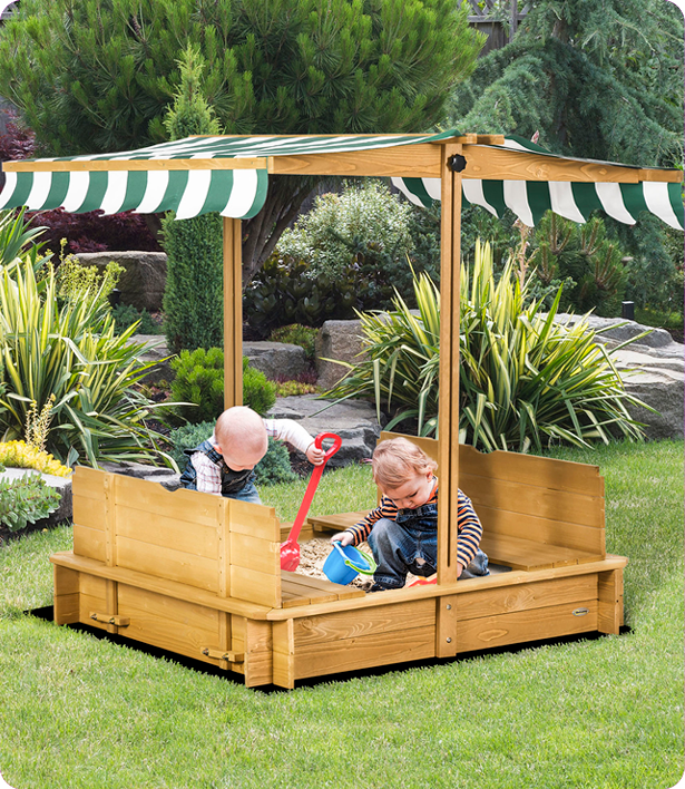 Outsunny Kids Sand Pit Bench Adjustable Canopy Lids