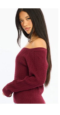 Red Off Shoulder Knit Jumper Cable Design