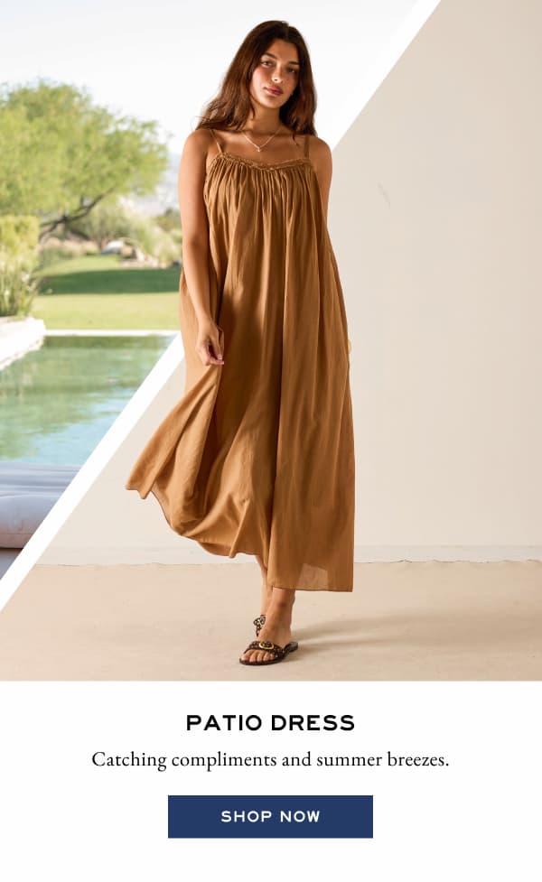 Patio Dress - Catching compliments and summer breezes. - Shop now - Image of a woman wearing a tan maxi dress.