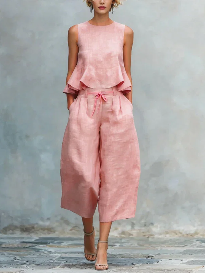 Casual Solid Relaxed Cropped Lace-up Wide Leg Pants