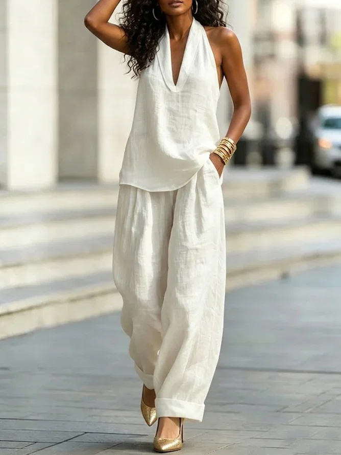 Cotton Casual Plain Halter Neck Blouse