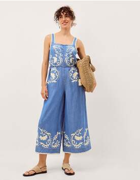 Stella Embroidered Denim Culotte Jumpsuit Blue