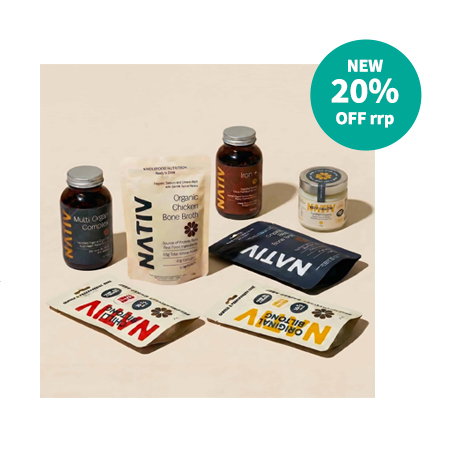 A selection of NATIV Foods products including organic bone broth pouches, bottles of organ supplements and a jar of Beef Tallowe displayed on plain beige background with shadowing.