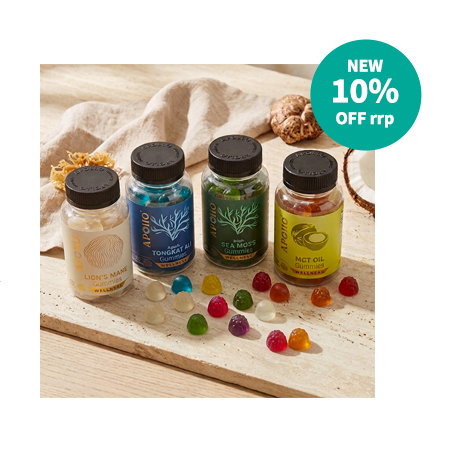 A colourful display of Apollo Nutraceuticals gummy supplement bottles and loose gummies on a table, including Lion's Mane, Tongkat Ali, Sea Moss and MCT Oil.