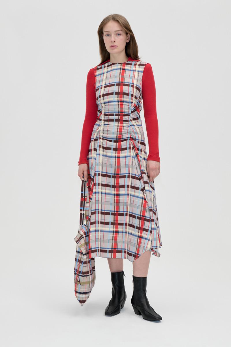 Sleeveless Gathered Midi Dress - Scarlet Grid