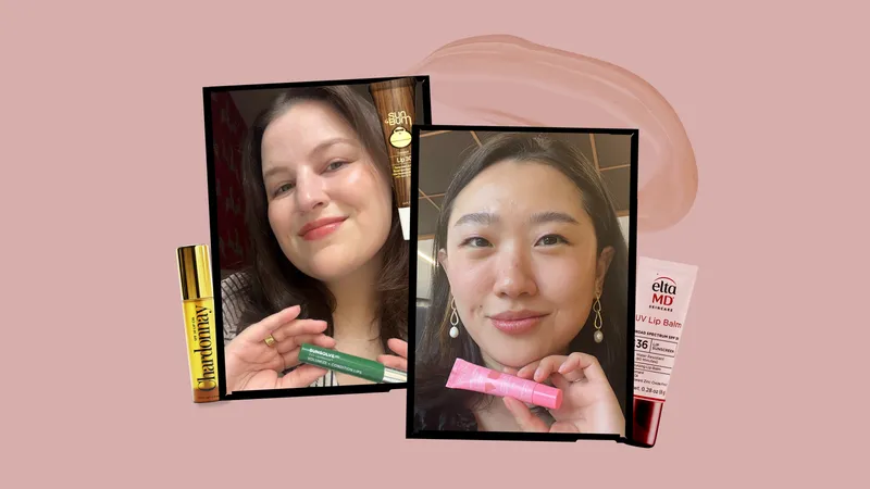 A collage of two Allure editors wearing their favorite lip balms with SPF on a light pink background