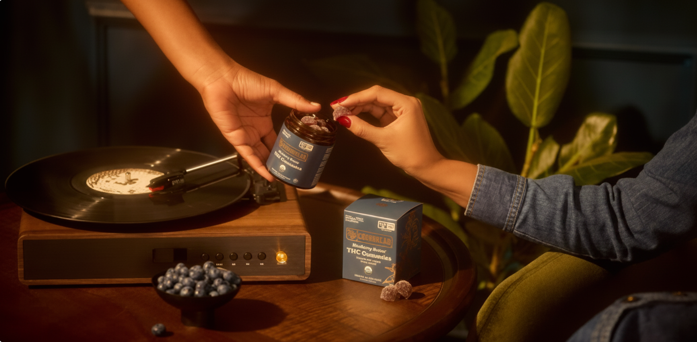 Hands exchange a jar of THC gummies next to a record player and blueberries.