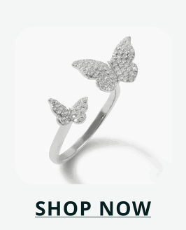 Silver ring with two butterfly motifs of different sizes, engraved with diamonds. Click here to shop now