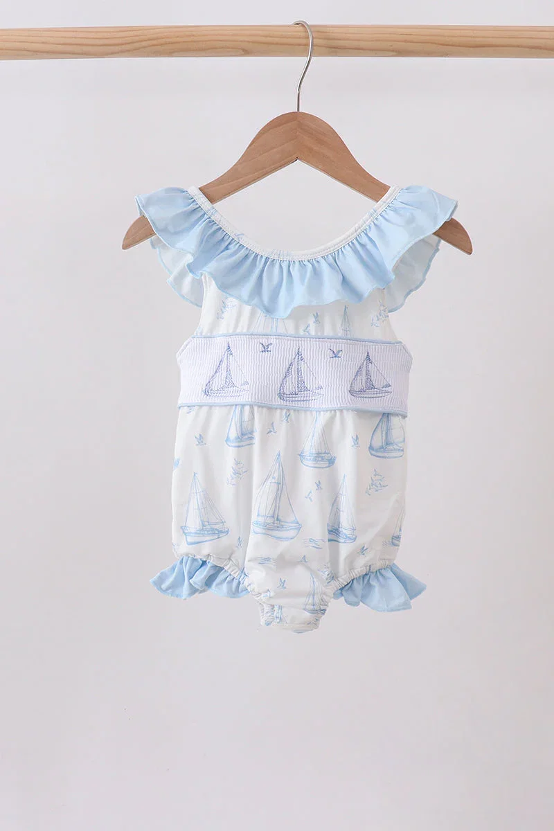 Image of Blue Sailboat Smocked One-Piece Swimsuit
