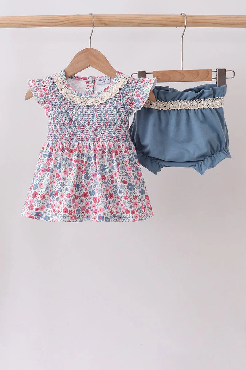 Image of Blue Floral Smocked Ruffle Bloomer Set
