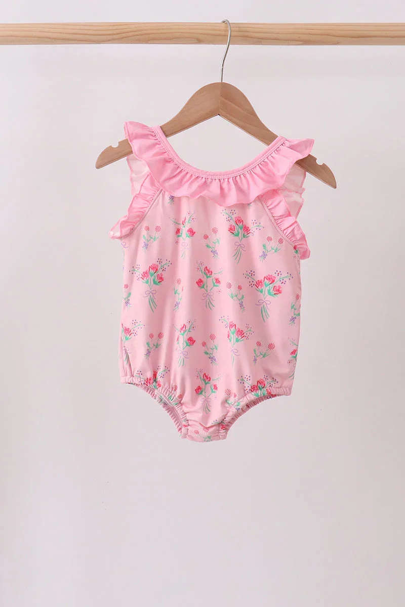 Image of Pink Floral Ruffle One-Piece Swimsuit