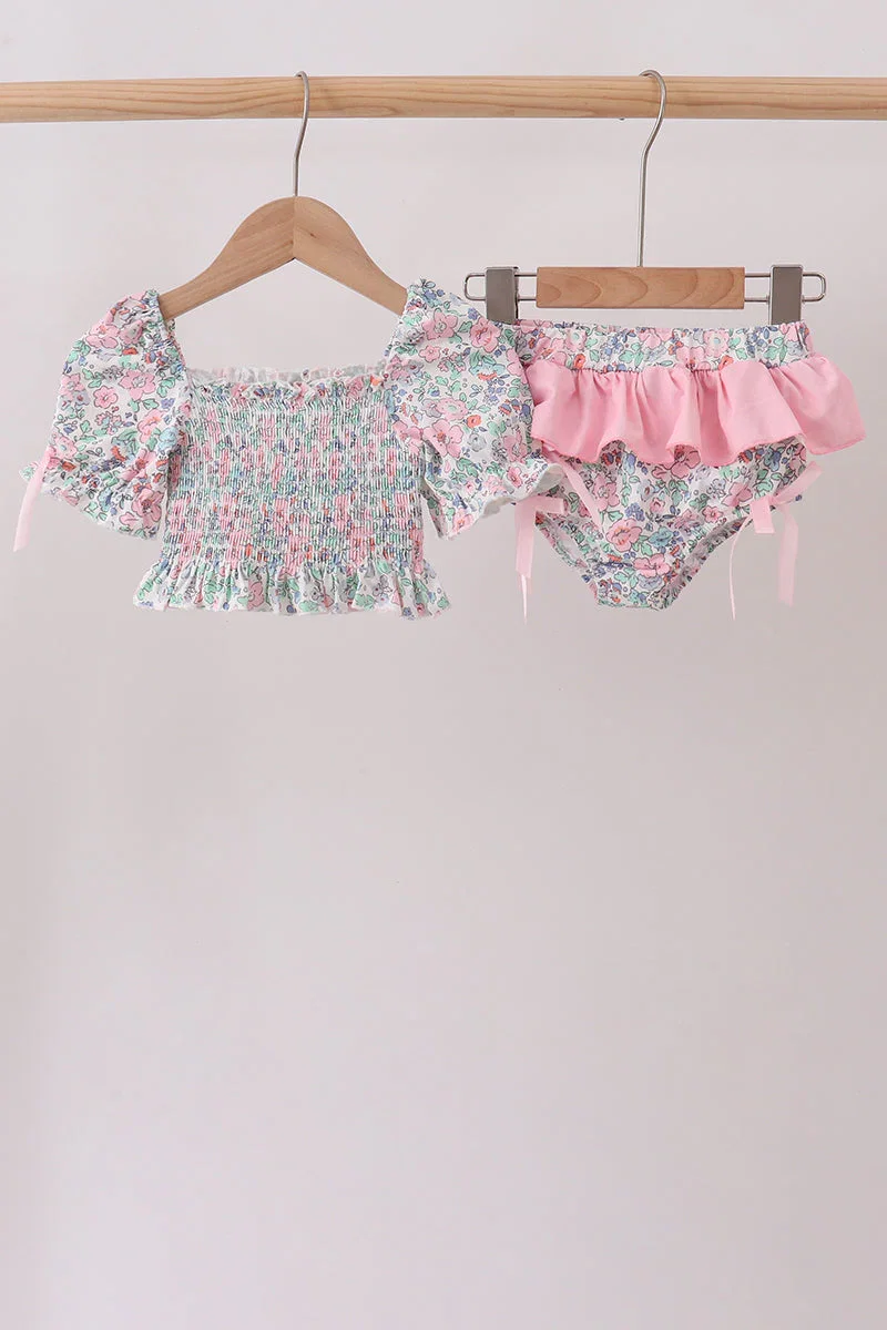 Image of Pink Floral Smocked Swimsuit