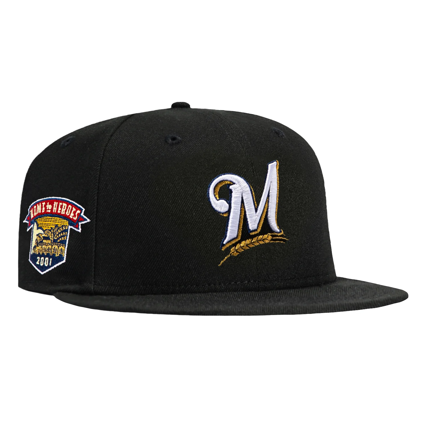 Image of New Era 59Fifty Black Dome Milwaukee Brewers 2001 Home to Heroes Patch 2000 Hat - Black