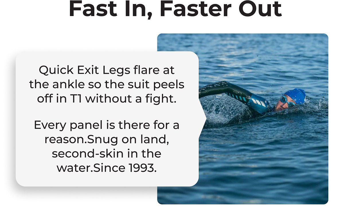 Fast In, Faster Out Quick Exit Legs flare at the ankle so the suit peels off in T1 without a fight.