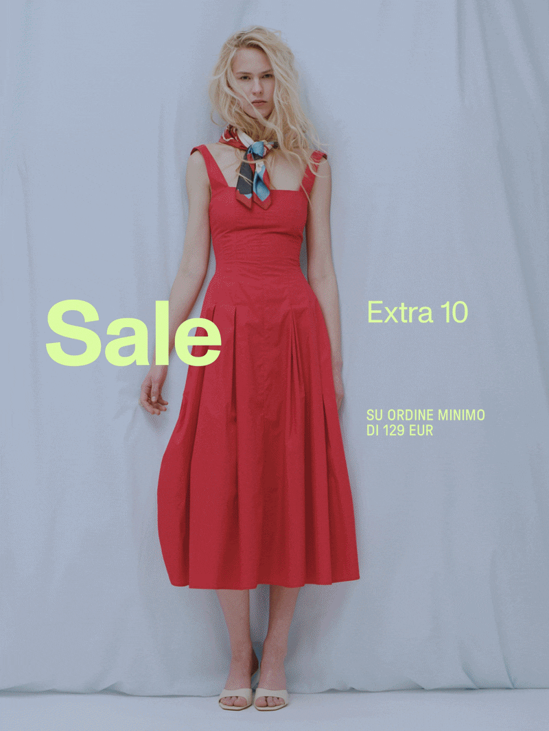 Collage of models in summer fashion — red dresses, striped shirt, jeans and swimwear with 'Sale' text