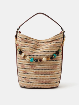 Stripe Beaded Charm Shoulder Bag