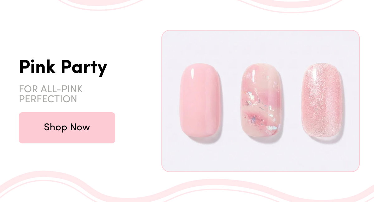 Pink Party — For All-Pink Perfection' promo banner with a 'Shop Now' button, showing three nail swatches in solid pink, a marbled pink with holographic foil, and a shimmery pink glitter finish