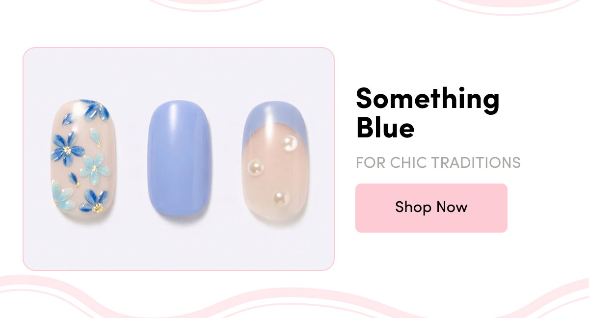 Something Blue — For Chic Traditions' promo banner with a 'Shop Now' button, showing three nail swatches featuring blue floral nail art, a solid periwinkle blue, and a nude French tip with pearl accents