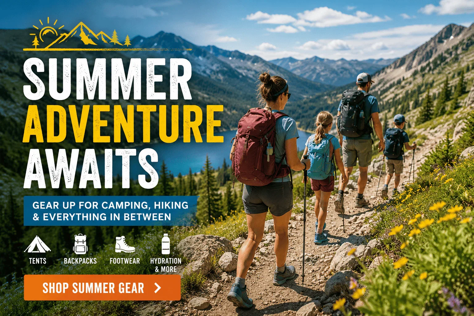 Family hiking on a scenic mountain trail during summer