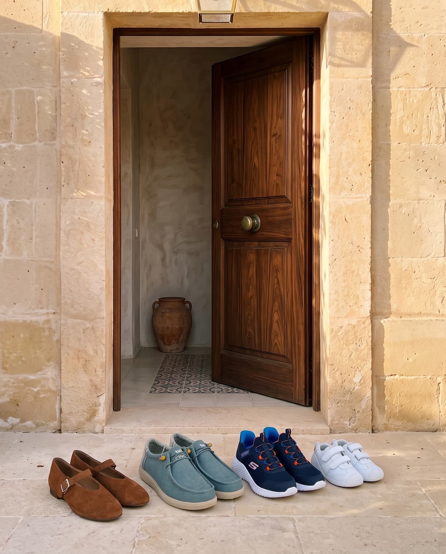 Varios zapatos infantiles y familiares en la entrada de una casa