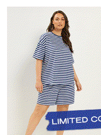 YOURS Kombiset aus T-Shirt und Shorts in Blau mit Streifen