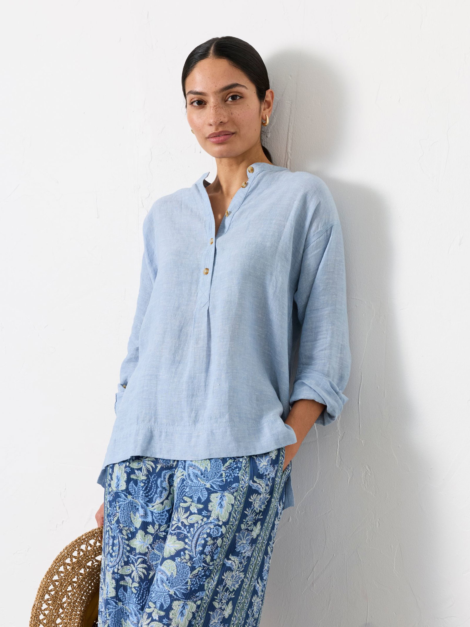 FatFace Julia Blue 100% Linen Popover Shirt