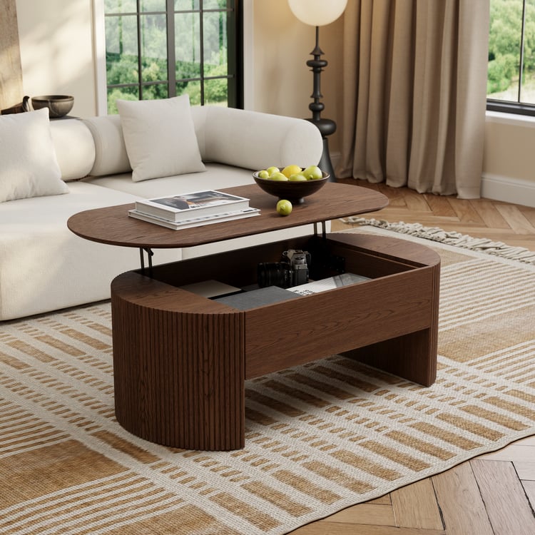 Modern 47" Walnut Oval Fluted Coffee Table with Lift-top