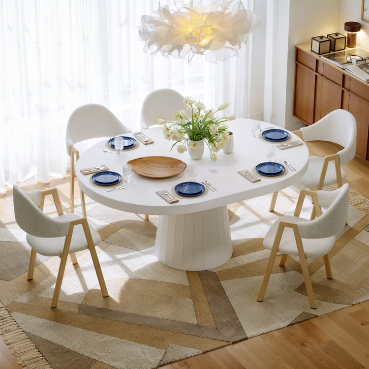 Japandi 39"–55" Extendable Round-to-Oval Wood Dining Table–Warm White, Seats 4-6