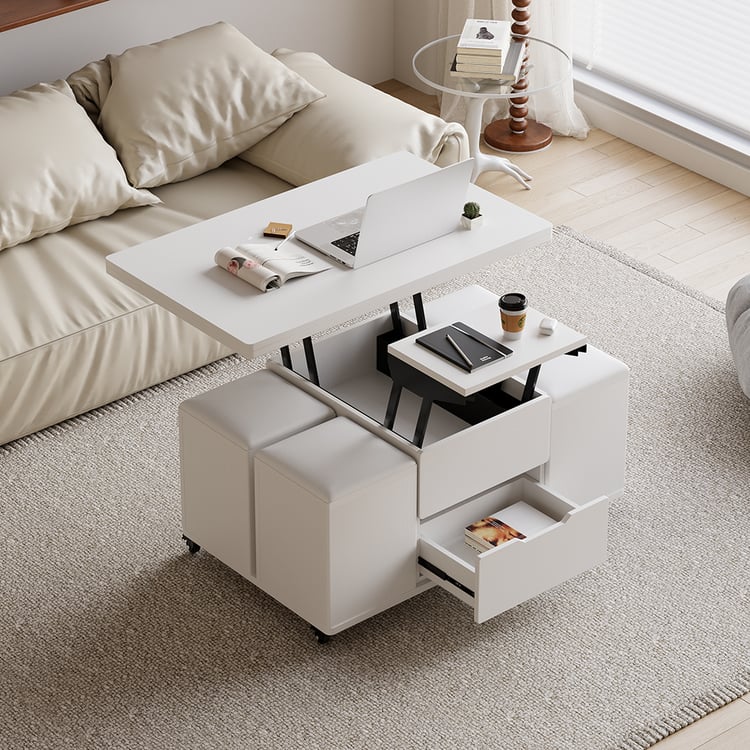 39" Lift-Top Foldable White Coffee Table with 4 Stools & Storage