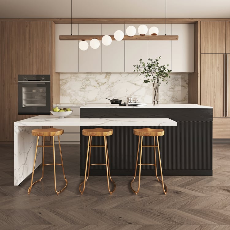 Modern 81"–106" Extendable Marble Pattern Kitchen Island with Doors & Drawers, Black