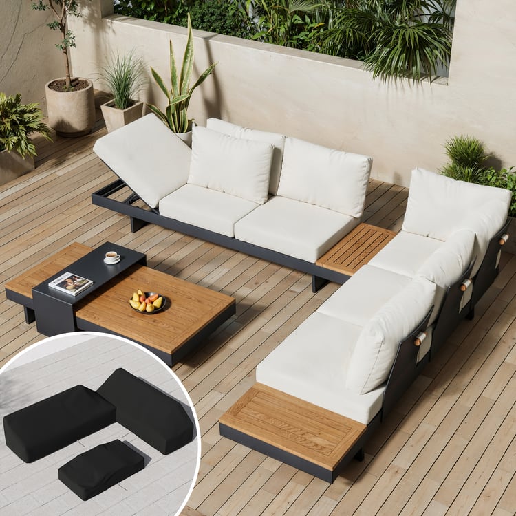 Tevara 4-Piece Outdoor Teak & Aluminum Modular Sofa Set for 6 in Ivory with Black Cover