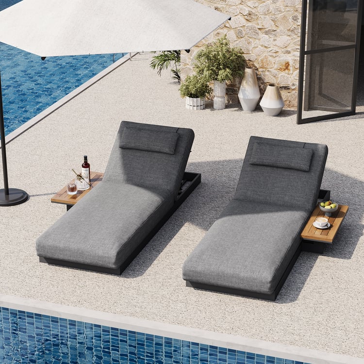 Tevara Wood & Aluminum Outdoor Lounger Daybed Patio Furniture in Gray Cushion Set of 2