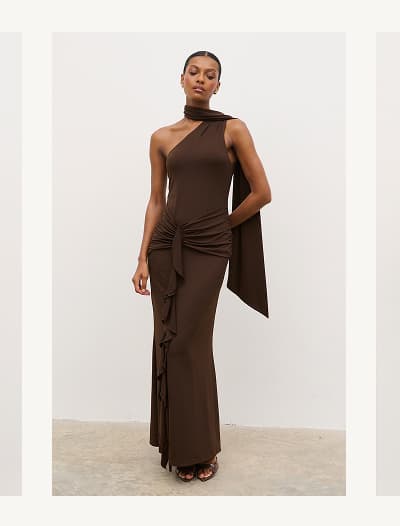 Celina Drape Ruffle Jersey Maxi Dress