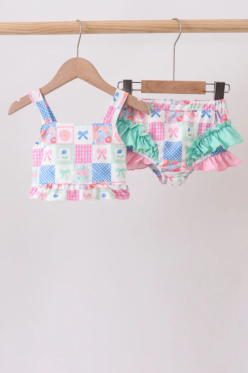Image of Green Bow Checkered Ruffle 2pc Swimsuit