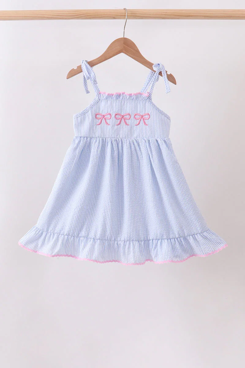 Image of Blue Bow Embroidered Stripe Ruffle Dress