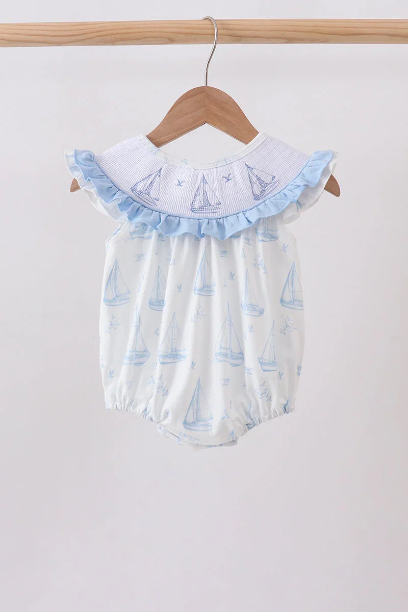 Image of Blue Sailboat Smocked Ruffle Bubble