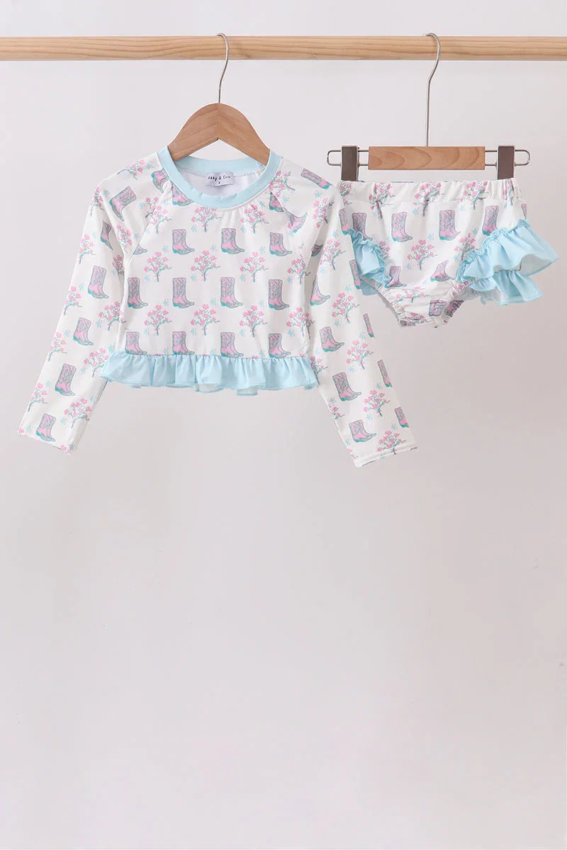Image of Blue Boots Ruffle Rashguard Set