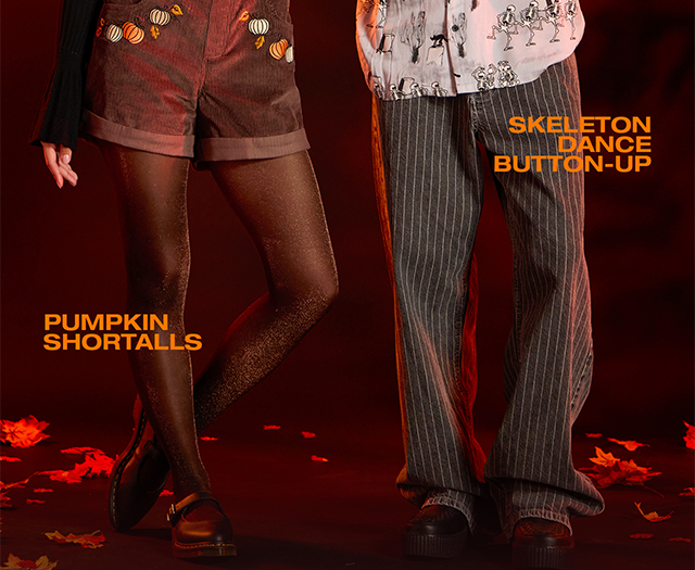 Pumpkin Shortalls and Skeleton Dance Button-Up