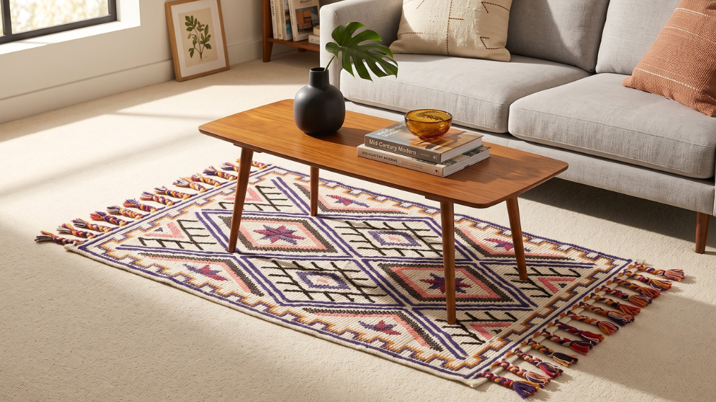 Multi-colour kilim rug, handcrafted tribal style geometric rug with decorative tassels. A natural, yellow, blue and pink traditional rug for the living room, hallway or bedroom.