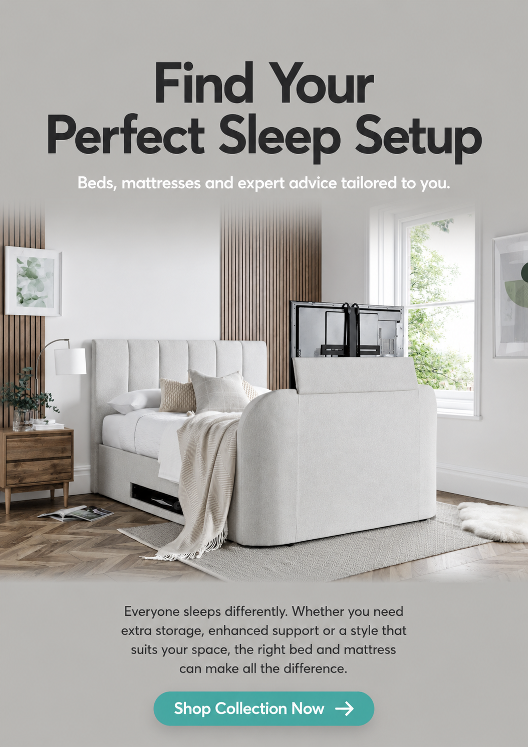 A white fabric bed with a TV coming out of the end.
