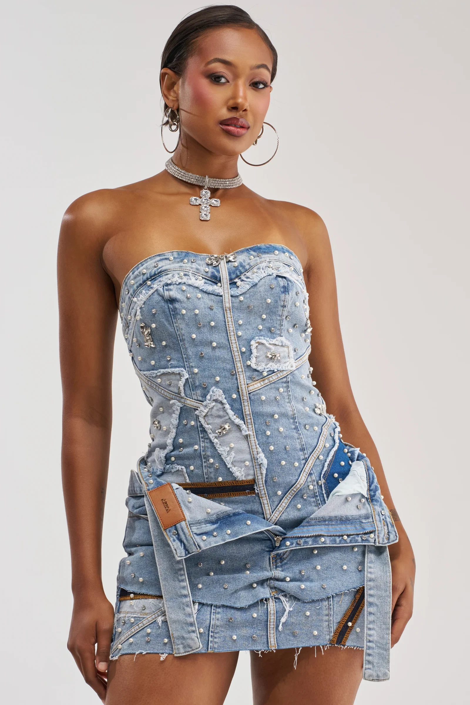 Image of THIS IS MY CALLING EMBELLISHED DENIM MINI DRESS