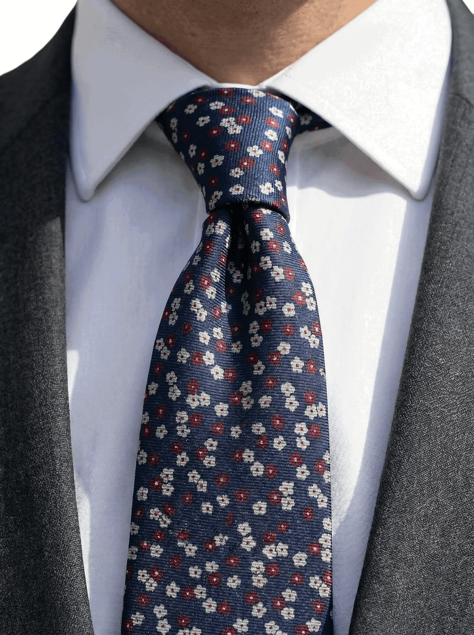 Navy, Red & Silver Floral Silk Tie 
