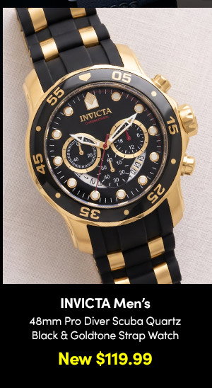 INV-37228 INVICTA | Men's 48mm Pro Diver Scuba Quartz Chronograph Black & Goldtone Strap Watch – New $119.99